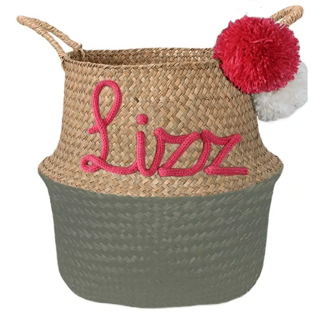 Cesta moderna personalizada con nombre verde oliva