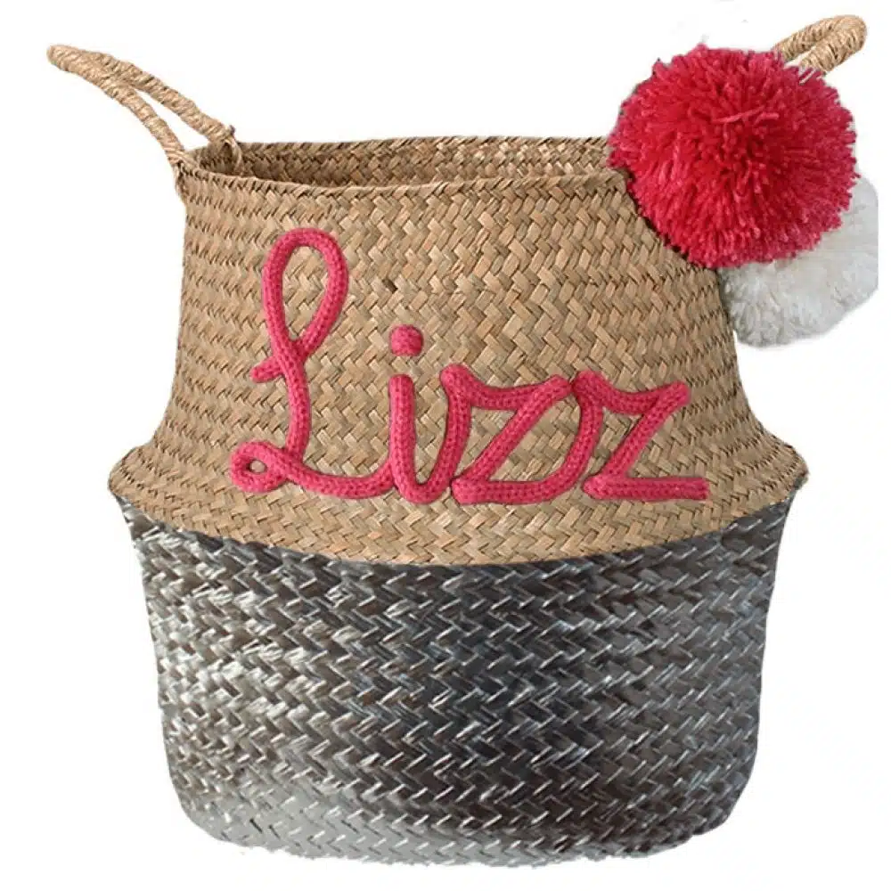 Cesta moderna personalizada con nombre plata