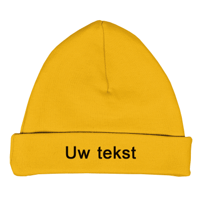 Funnies mutsje oker geel 50-56 met naam geborduurd