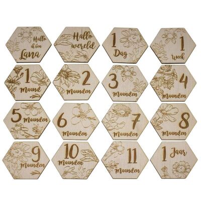 Mijlpaal schijven baby bloemen met naam en zak