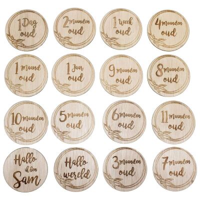 Mijlpaal schijven baby sierstuk met naam en zak