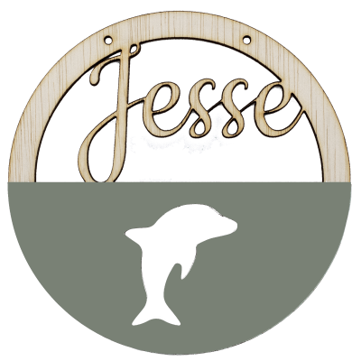 Houten dolfijn hoepel olijfgroenmet naam