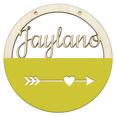 Houten hartpijl hoepel in kleur met naam geel