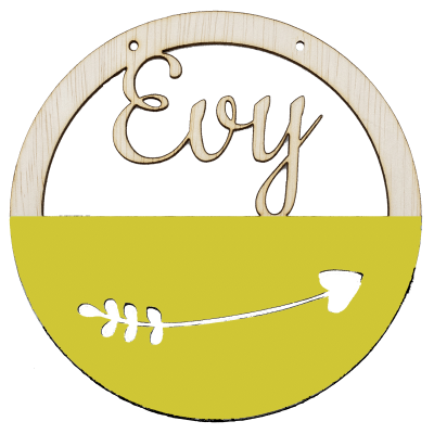 Houten pijl hoepel met naam geel