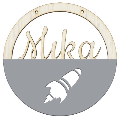 Houten raket hoepel in kleur met naam muis grijs