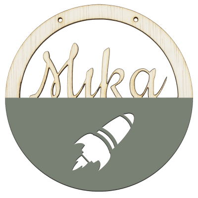 Houten raket hoepel in kleur met naam olijfgroen