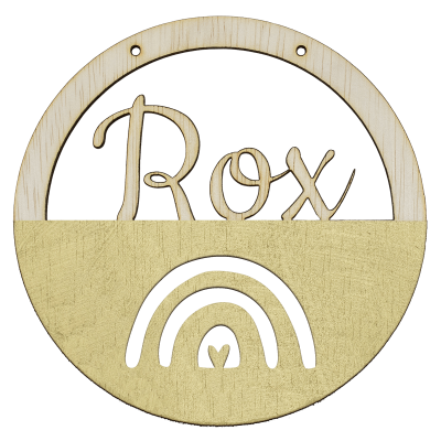 Houten regenboog hoepel in kleur met naam goud