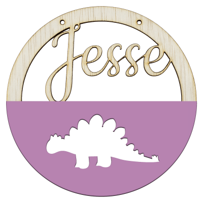 Houten stegosaurus hoepel in kleur met naam roze