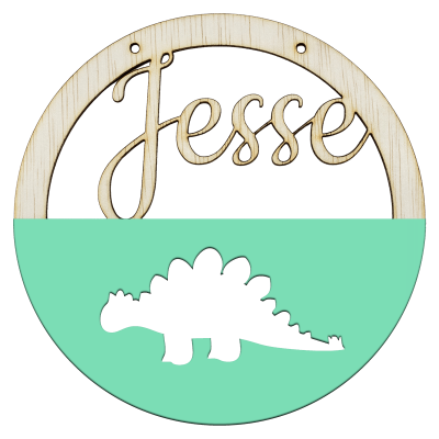 Houten stegosaurus hoepel in kleur met naam zee groen
