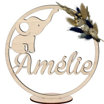 Houten ring met naam olifant en droogbloemen3
