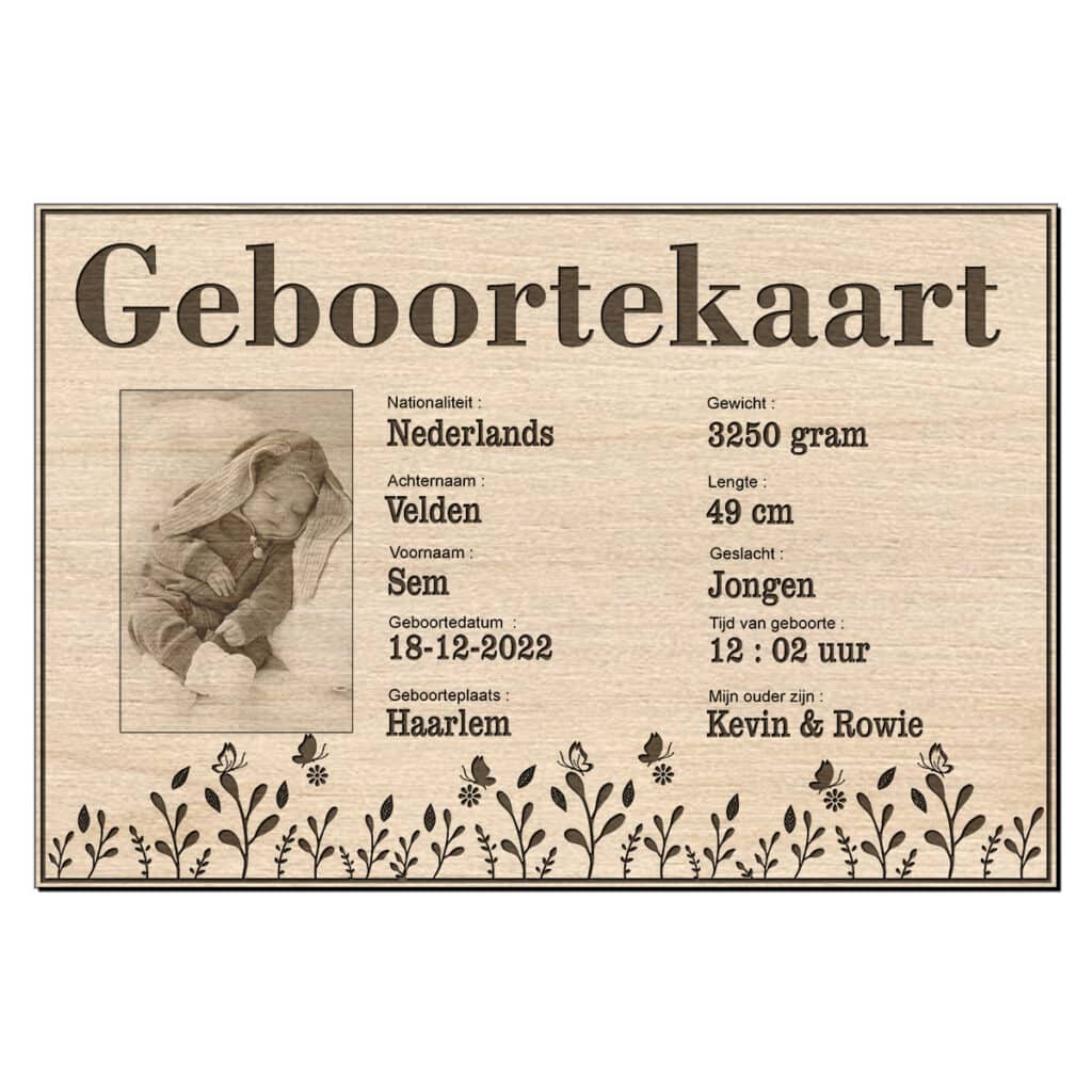 Houten geboortekaart met foto Gratis standaard