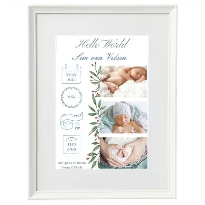 Geboorte print fotolijst met baby foto jongen