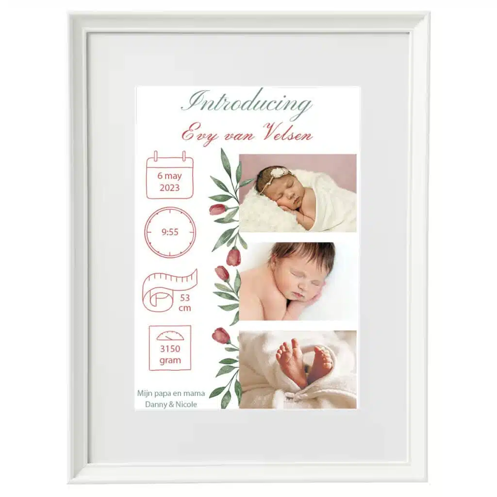 Geboorte print fotolijst met baby foto meisje