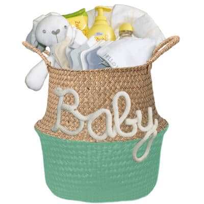 Gevulde kraam mand neutraal Babygift zeegroen 1