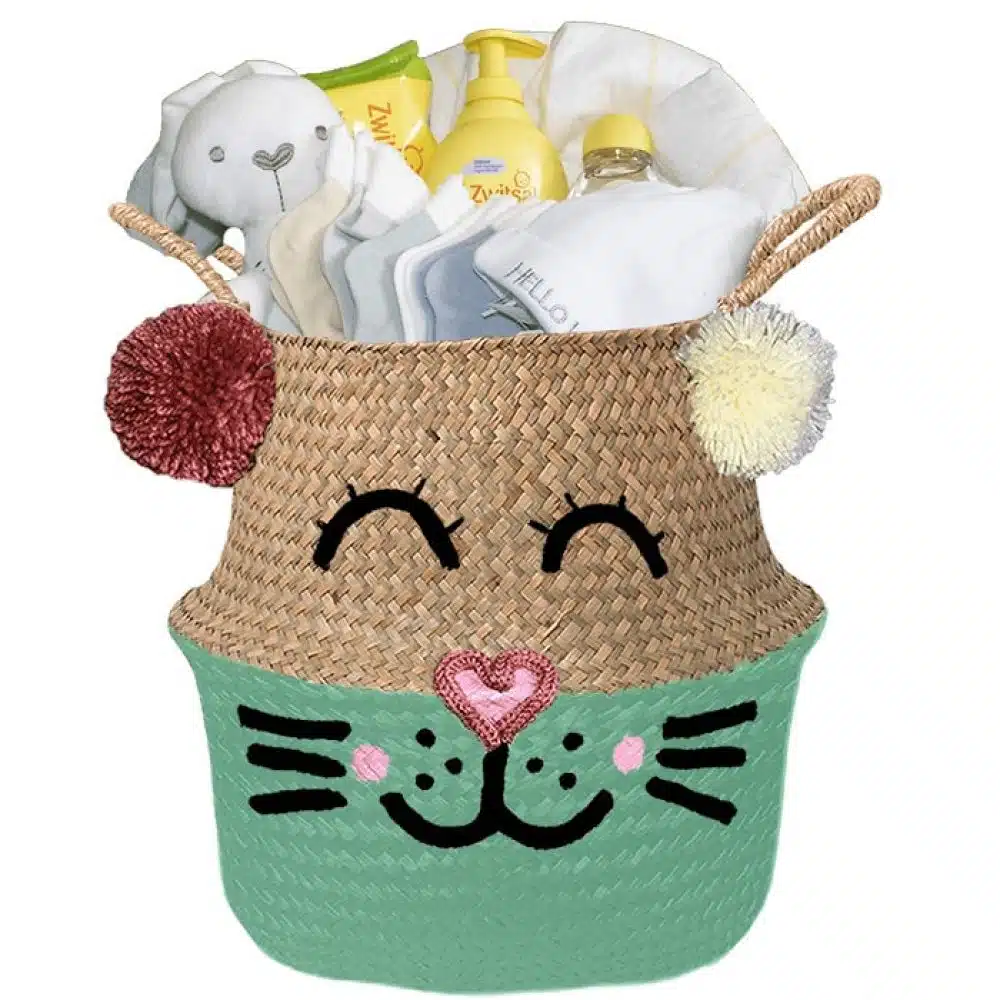 Konijntje mand geschenk babygift neutraal met naam zeegroen