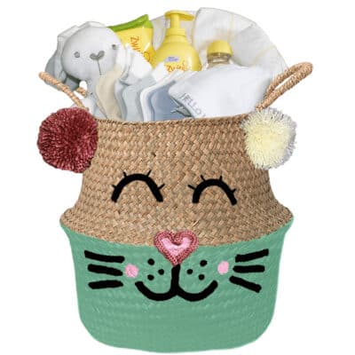 Konijntje mand geschenk babygift neutraal met naam zeegroen