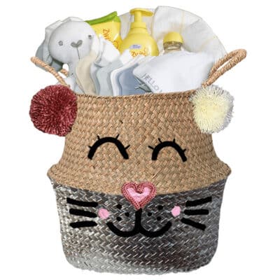 Konijntje mand geschenk babygift neutraal met naam zilver