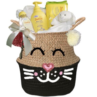 Konijntje mand geschenk basic neutraal met naam zwart