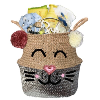 Konijntje mand geschenk play jongen met naam zilver