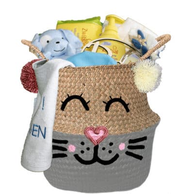 Konijntje mand geschenk sterk jongen met naam muis grijs