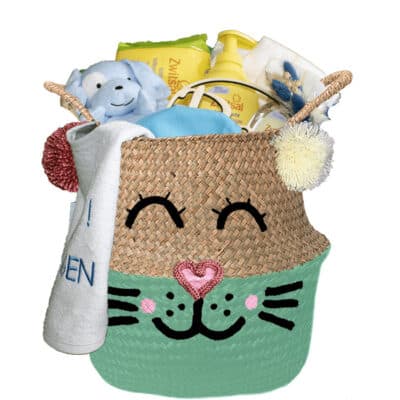 Konijntje mand geschenk sterk jongen met naam zeegroen