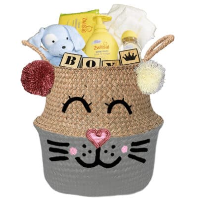 Konijntje mand geschenk stoer jongen met naam muis grijs