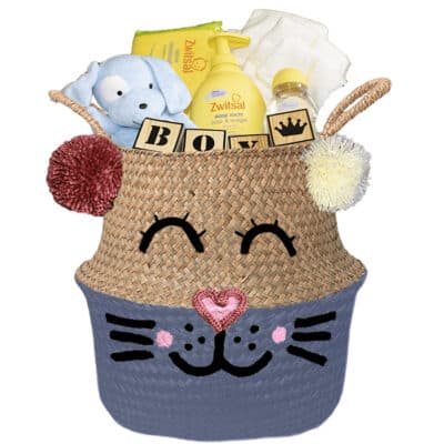 Konijntje mand geschenk stoer jongen met naam provence blauw