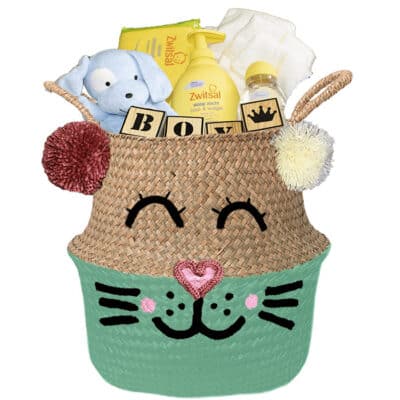 Konijntje mand geschenk stoer jongen met naam zeegroen