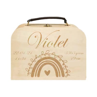 Natuurlijke houten regenboog kinder koffer met naam