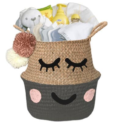 Verlegen kraam mand babygift neutraal met naam antraciet