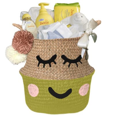 Verlegen kraam mand unisex neutraal met naam geel