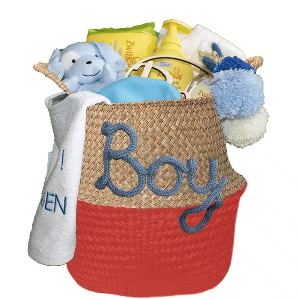 Kraam cadeau mand sterk jongen met naam