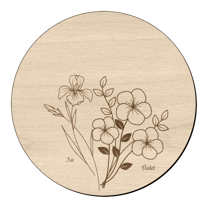 Houten bloem cirkel iris violet en naam