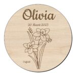 Houten bloem cirkel met gele narcis klein en naam