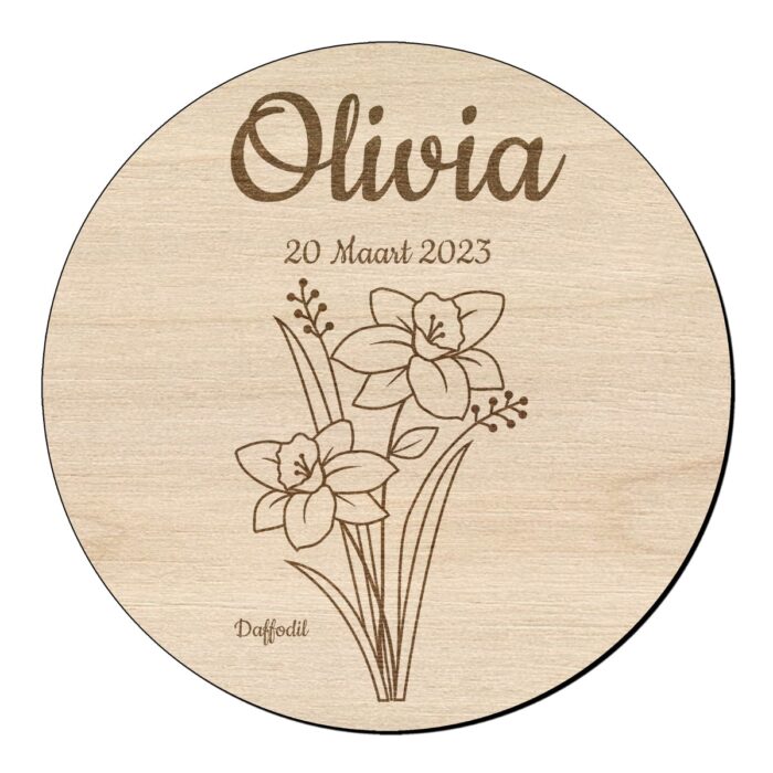 Houten bloem cirkel met gele narcis klein en naam