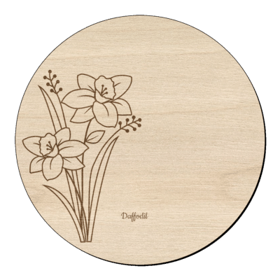 Houten bloem cirkel met gele narcis en naam