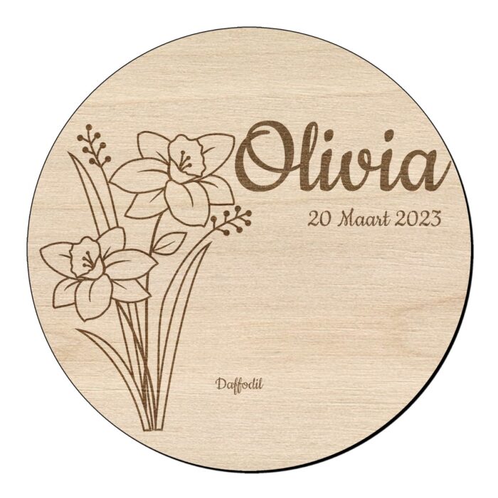 Houten bloem cirkel met gele narcis en naam