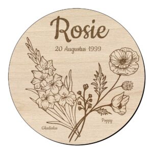 Houten bloem cirkel met gladiool papaver en naam 1 Houten bloem cirkel met gladiool papaver en naam