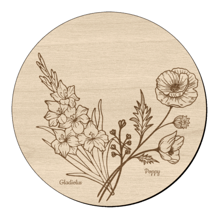Houten bloem cirkel met gladiool papaver en naam