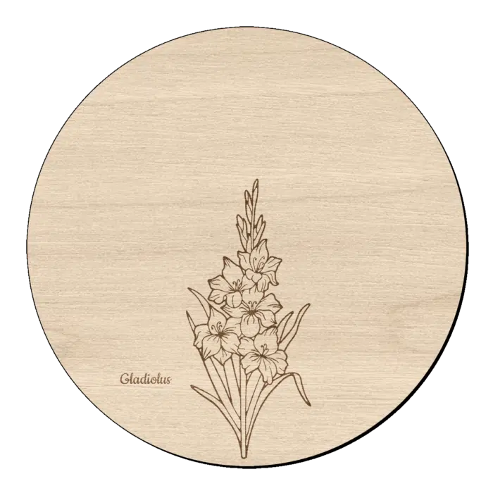 Houten bloem cirkel met gladiool klein en naam