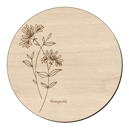 Houten bloem cirkel met kamperfoelie en naam