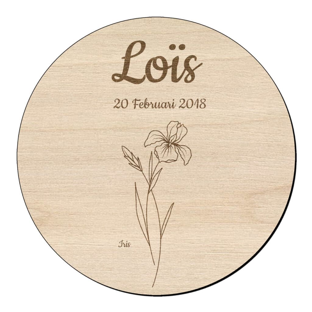 Houten bloem cirkel iris klein met naam