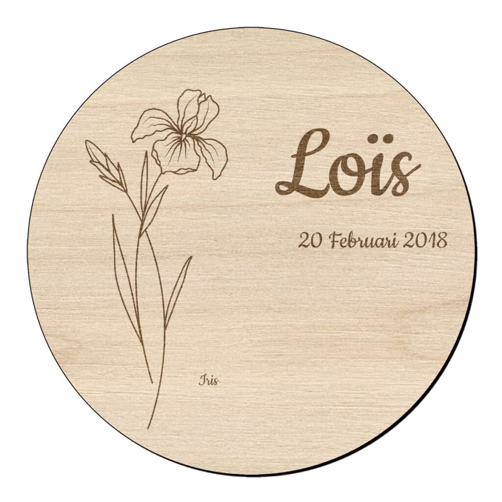 Houten bloem cirkel iris met naam