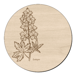 Houten bloem cirkel met ridderspoor en naam 1 Houten bloem cirkel met ridderspoor en naam