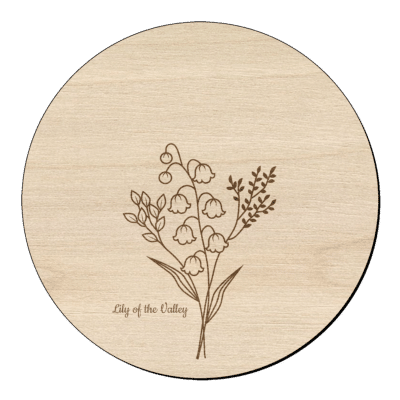 Houten bloem cirkel met lelietje van dalen klein en naam