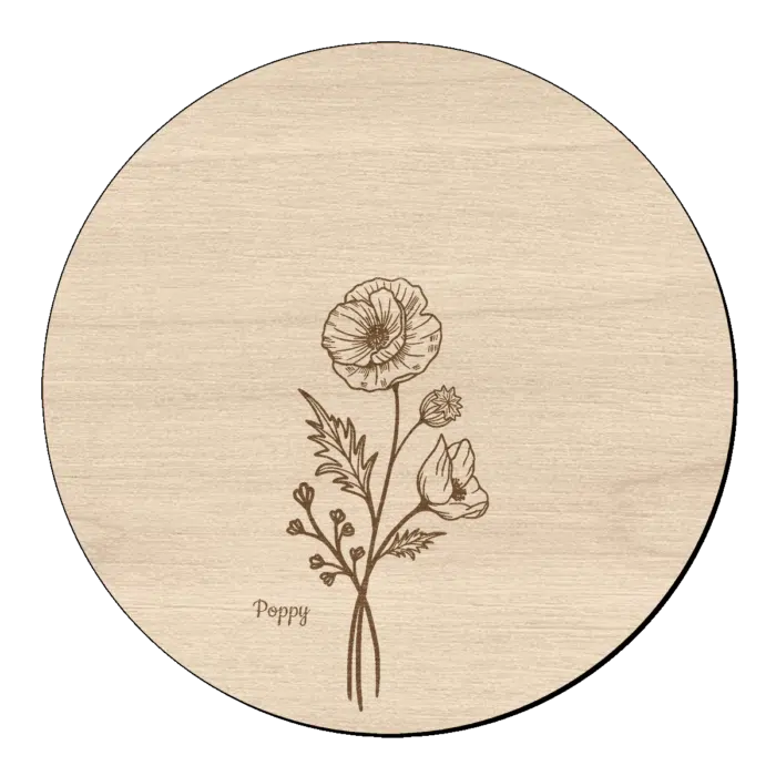 Houten bloem cirkel met papaver klein en naam