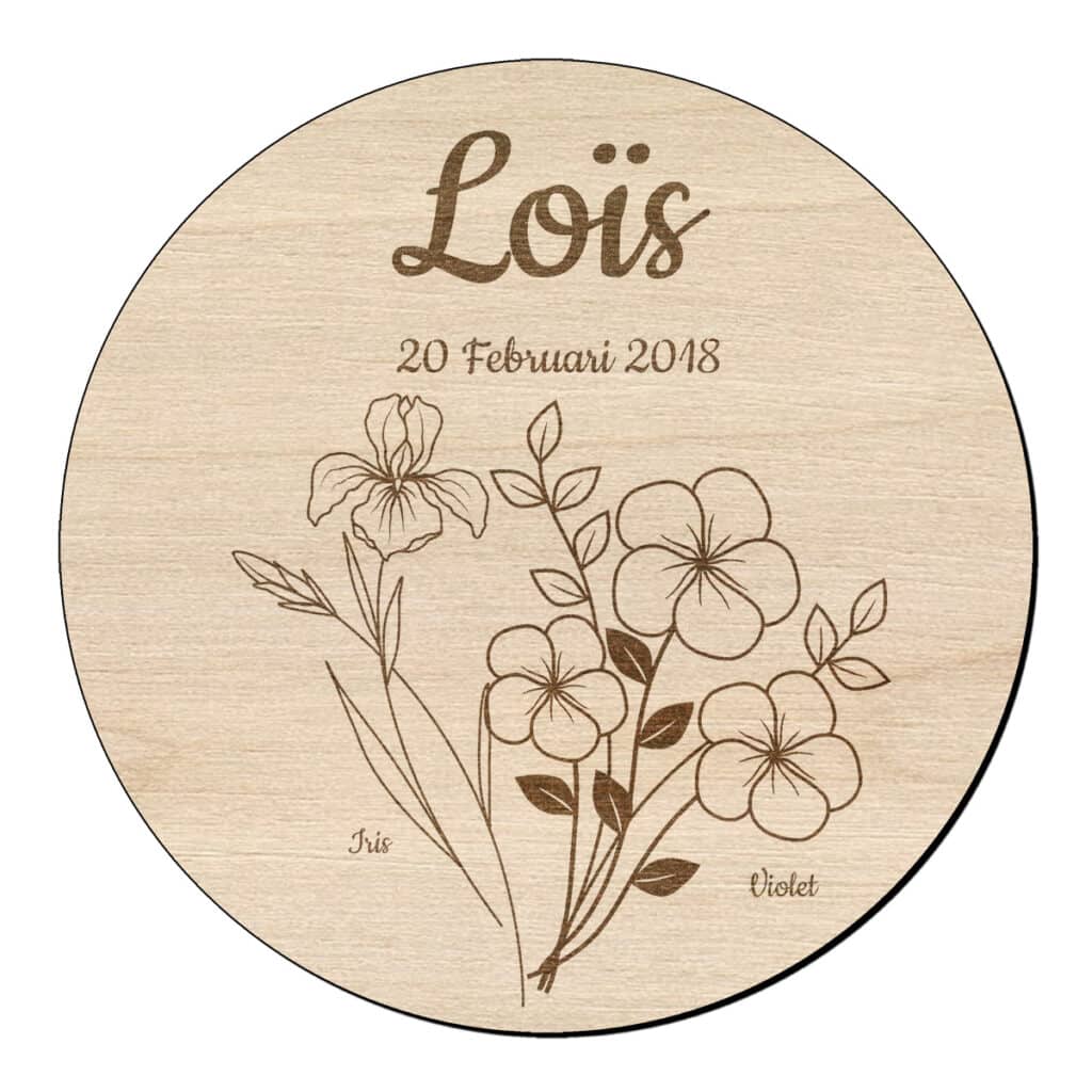 Houten bloem cirkel iris violet en naam