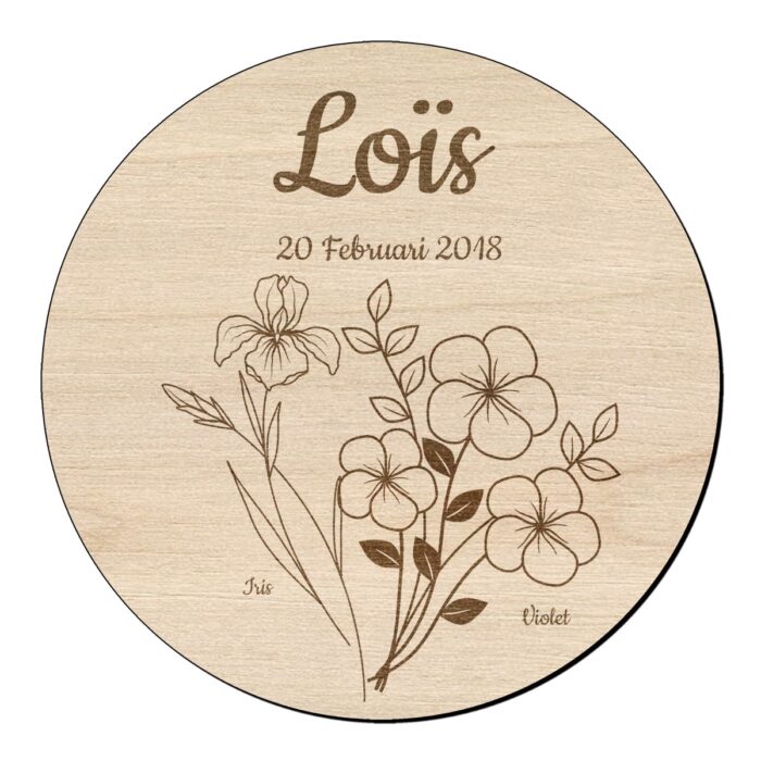 Houten bloem cirkel iris violet en naam