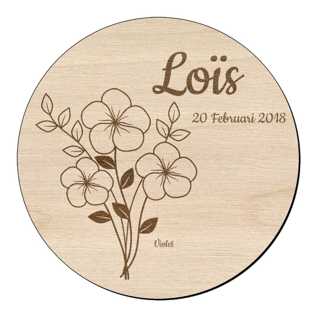 Houten bloem cirkel violet met naam