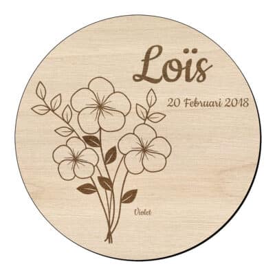 Houten bloem cirkel violet met naam